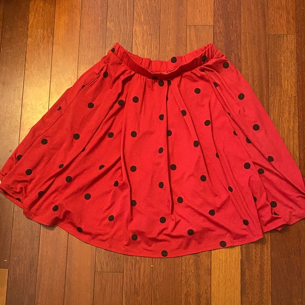 LuLaRoe Red Madison Skirt with Black Polka Dots